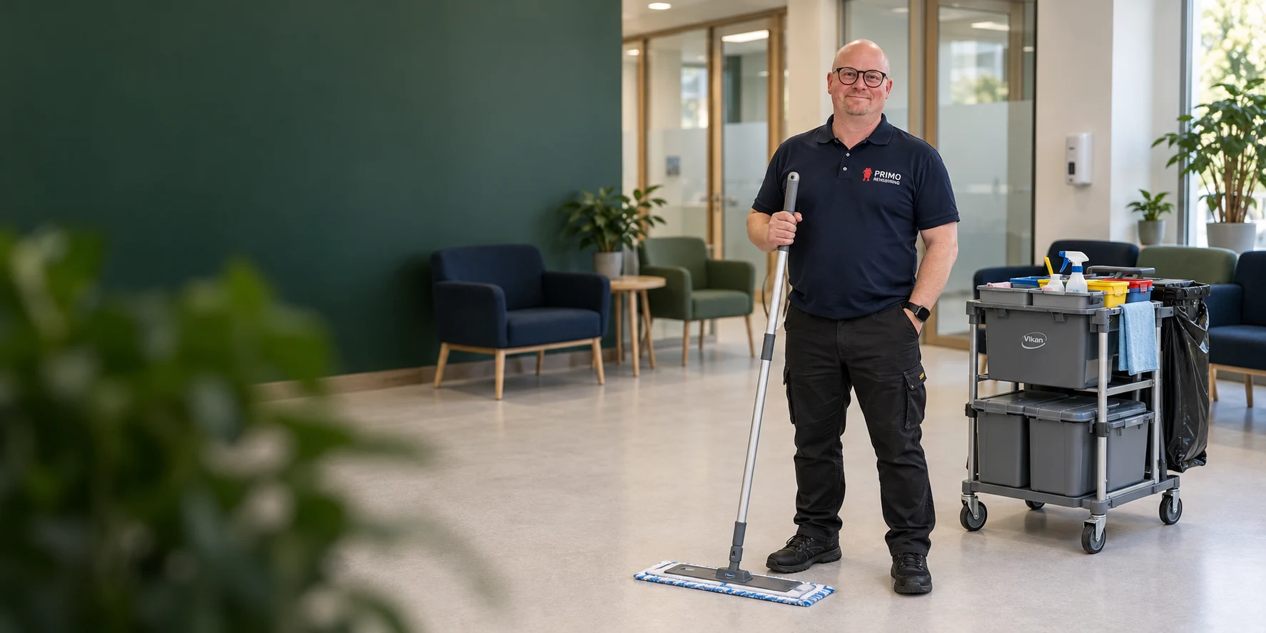 Simon fra Primo Rengøring med fladmoppe og rengøringsvogn i et lægehus